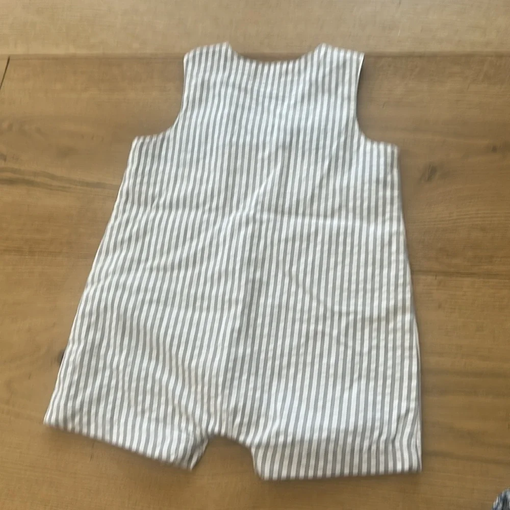 Little Me Blue and White Striped Baby Romper embroidered fishes 9m